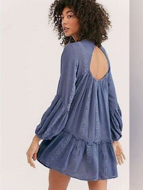 Free People Navy Embroidered Boho Top